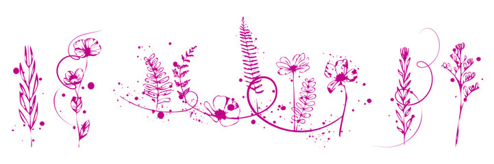 Botanical floral artwork with blossoms, leaves and natural stems designed in a refined decorative line art composition.