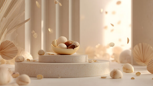 Delicate easter celebration with a golden egg filled with chocolates and decorated eggs scattered around a soft pastel podium with a dreamy ethereal background - Powered by Adobe