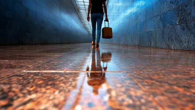 A solitary figure walks through a modern corridor, reflecting on the polished floor, with a suitcase in hand, embodying a sense of journey and exploration in an urban environment.