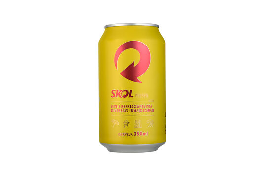 S&atilde;o Paulo, Brazil - November 22, 2025 - Yellow Skol beer can with red logo, 350ml