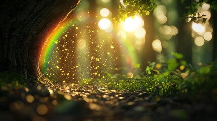 Rainbow light shining through a portal into another magical realm.