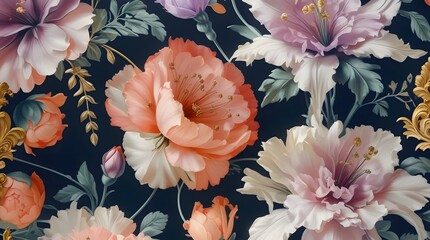 A vintage bouquet of exquisite flowers with delicate petals and intricate details is set against a rich black background, surrounded by a beautiful floral pattern reminiscent of Baroque old fashioned 