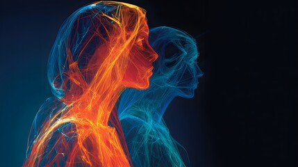 Fototapeta premium Abstract glowing female silhouettes representing the duality of human energy.