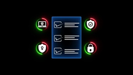 A digital checklist displayed on a glass-like panel, surrounded by security icons symbolizing data protection, privacy, and online safety. Glowing neon background, Motion graphics of data concept ...