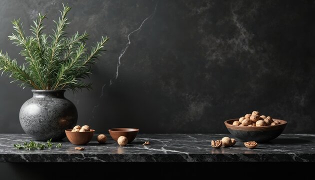 Dark grey marble surface with walnuts, rosemary in vase. Elegant kitchen decor with natural stone, healthy food. Minimalist still life composition for gourmet settings or natural lifestyle content.