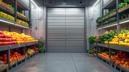Warehouse Aisle with Fresh Fruits and Vegetables Storage. - Powered by Adobe