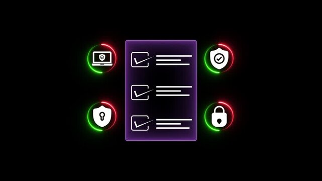 A digital checklist displayed on a glass-like panel, surrounded by security icons symbolizing data protection, privacy, and online safety. Glowing neon background, Motion graphics of data concept ...