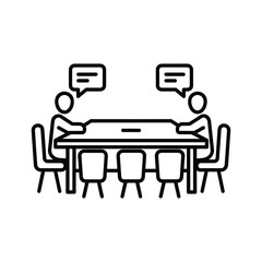 Simple line icon illustration of two people sitting at a long table having a discussion or meeting isolated on