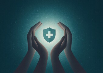 Digital art illustration A glowing shield with a cross emblem held protectively by two hands