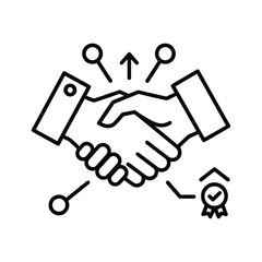 Line art icon representing a business handshake with upward arrow and quality seal, isolated on