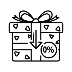 Black and white line art icon of a gift box with a downward arrow and zero percent symbol, isolated on