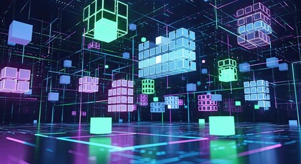 Explore the future with neon grid and floating voxel structures for dynamic tech presentations and modern website backgrounds celebrating innovation and progress