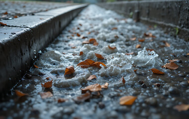 Vibrant autumn leaves caught in a brisk current of rain water flowing through an outdoor channel, capturing the essence of the season's transition and natural beauty