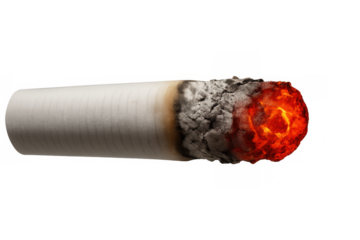 Burning cigarette tip with glowing ember, white paper, and gray ash, symbolizing tobacco addiction and harmful smoking habits