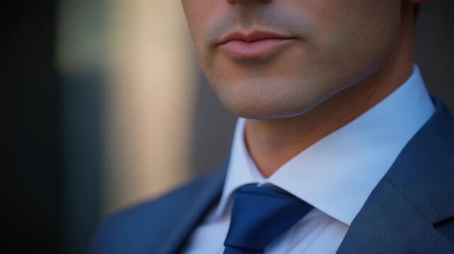 Male businessman in sharp suit and tie, standing with assertiveness.