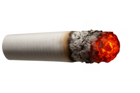 Burning cigarette tip with glowing ember, white paper, and gray ash, symbolizing tobacco addiction and harmful smoking habits