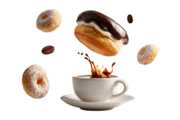 Chocolate-glazed donut dropping into a splashing cup of hot coffee with floating mini donuts isolated on transparent background
