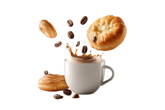 Fresh glazed pastries and roasted coffee beans splashing into a creamy hot coffee cup isolated on transparent background