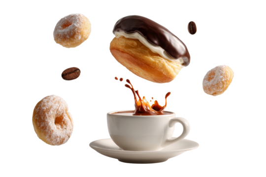 Chocolate-glazed donut dropping into a splashing cup of hot coffee with floating mini donuts isolated on transparent background