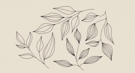 Botanical linework: Hand-drawn leaves in thin black strokes over a muted beige base. The airy, modern design blends nature and minimalism, adding warmth while keeping a refined look.
