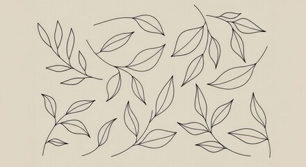 Botanical linework: Hand-drawn leaves in thin black strokes over a muted beige base. The airy, modern design blends nature and minimalism, adding warmth while keeping a refined look.