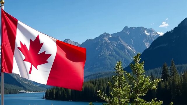 A Canadian flag waving in the wind over a scenic mountain lake. Majestic Canadian Rockies landscape in the background. National pride and patriotism concept