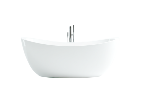 Modern white freestanding bathtub with elegant curved rim design and chrome isolated on transparent background