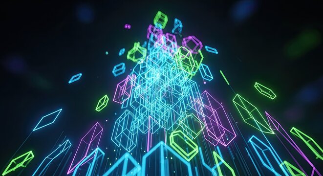 Dynamic neon geometric shapes rising up in electric blue, pink, and green against dark backdrop create a vibrant modern tech energy that's both futuristic and bold