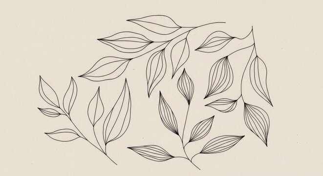 Botanical linework: Hand-drawn leaves in thin black strokes over a muted beige base. The airy, modern design blends nature and minimalism, adding warmth while keeping a refined look.