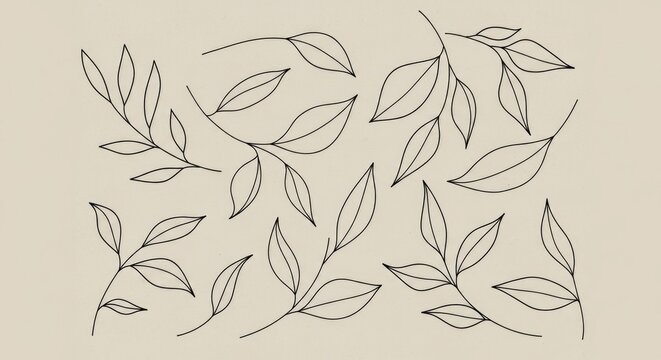 Botanical linework: Hand-drawn leaves in thin black strokes over a muted beige base. The airy, modern design blends nature and minimalism, adding warmth while keeping a refined look.