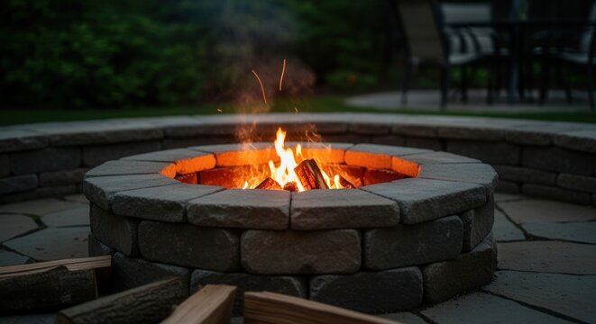 A burning stone fire pit with logs and flames in a backyard patio. Cozy outdoor setting for warmth and relaxation in the evening.
