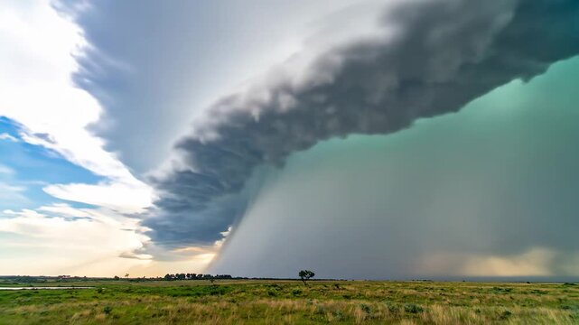Massive storm front with a dramatic shelf cloud moving across an open field.