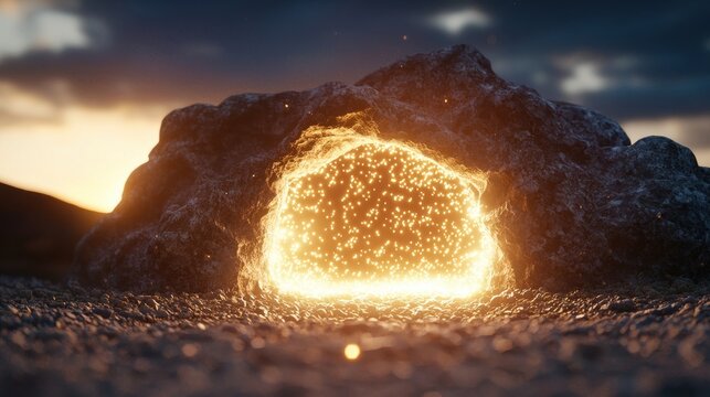 Aura of fire and light surrounding a mythical beast emerging from a cave.