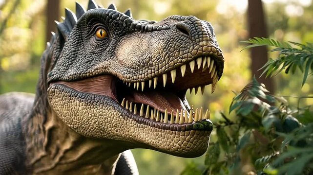 A realistic animation of a Tyrannosaurus Rex head in a prehistoric jungle. Close-up of the T-Rex with its mouth open showing sharp teeth. Cinematic CGI of an ancient predator