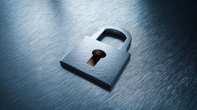 Close-Up of a Silver Padlock on a Smooth Metal Surface with Light Reflection Creating a Dramatic Effect for Security Conceptual Images