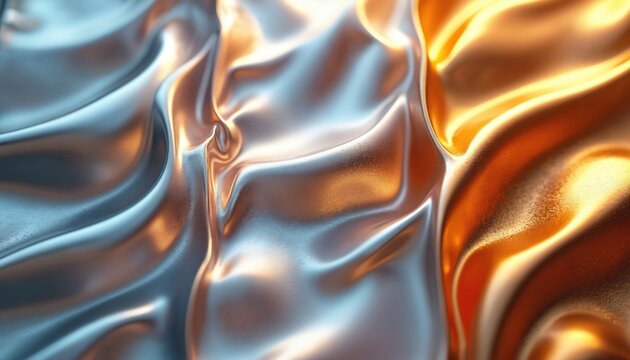 Abstract flowing metallic waves in silver and gold. Smooth textured background with shiny iridescence and fluid contours. Modern design element for luxury visuals.