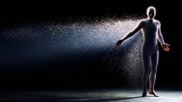 A mesmerizing representation of transformation, capturing a figure dispersing into ethereal particles, illustrating the profound beauty of existence and the fleeting nature of reality.