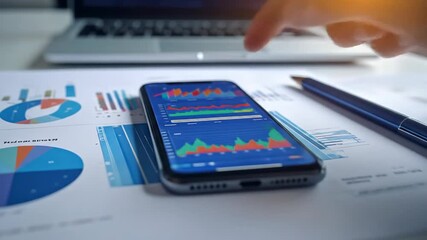 Hand using smartphone with financial charts and graphs on screen, business analysis and data review. - Powered by Adobe