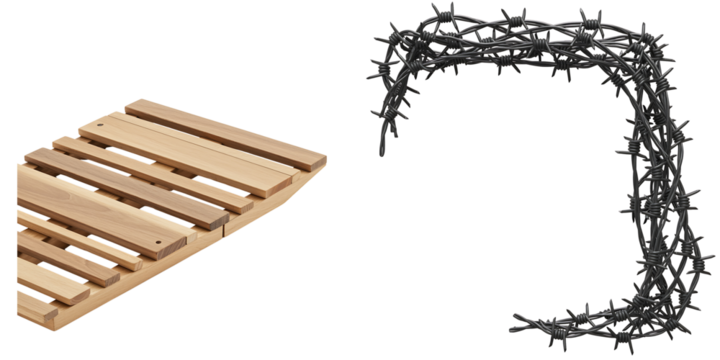 Wooden pallet and barbed wire against a black background