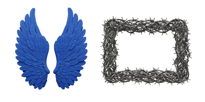 Blue angel wings and ornate square frame on black background