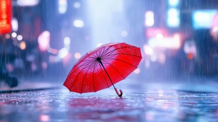 A vibrant red umbrella is open and resting on a wet, reflective street in a city at night. Rain is falling, and blurred city lights create a bokeh effect in the