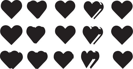 Collection of Black Heart Icons with Subtle Depth and Shadow Effects on White Background, Representing Love and Affection in a Minimalist Style