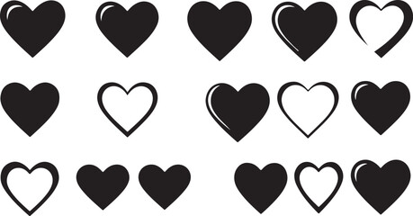 Assortment of simple black heart graphics. A versatile vector icon pack with solid, outline, and shiny styles for love and romance themes