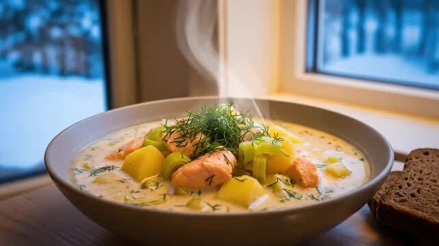 A steaming bowl of creamy Finnish salmon soup with dill and potatoes by a snowy window