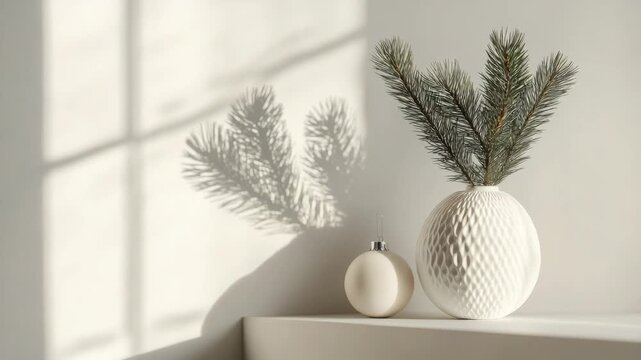 A simple and elegant decorative display featuring a small pine branch and two vases on a shelf, set against the backdrop of natural sunlight filtering through a window.