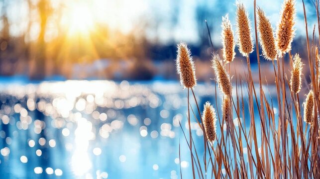 Close-up of dry reeds in the foreground, with a blurred background of a body of water reflecting sunlight and trees. The sun's rays create a warm, golden flare.