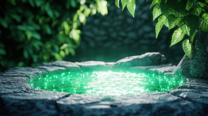 Ancient gemstone glowing beneath water in a sacred spring, surrounded by glowing fish