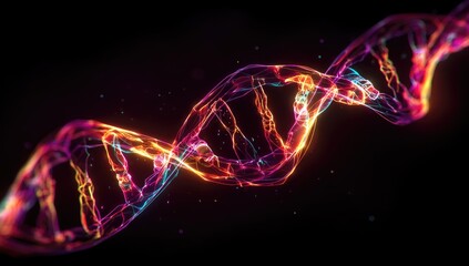 A vibrant, glowing abstract representation of a DNA double helix against a black background