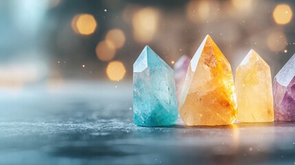 Collection of enchanted gemstones arranged on a table, each pulsing with magical energy