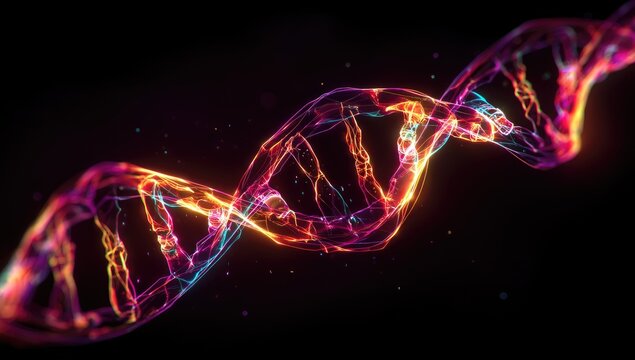 A vibrant, glowing abstract representation of a DNA double helix against a black background